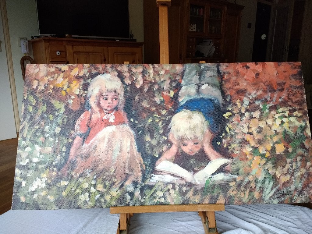 Peintre garçon et fille dans un jardin fleuri, Enlèvement ou Envoi, Figures