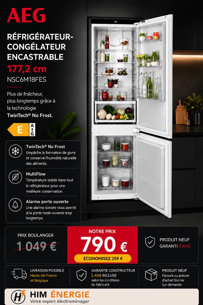 Réfrigérateur Congélateur AEG Encastrable Garantie 2 ans, Neuf, Avec compartiment congélateur, 160 cm ou plus, Enlèvement