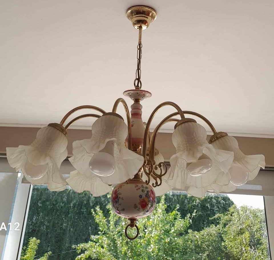 Lustre en porcelaine, abat-jour nickel, Maison & Meubles, Enlèvement, Utilisé, Pierre/céramique