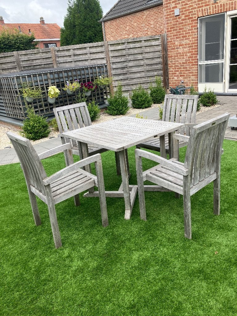 Tuinset in teak met tafel en 4 stoelen, Jardin & Terrasse, Ensembles de jardin, Chaise, Salons de jardin, Utilisé, Enlèvement