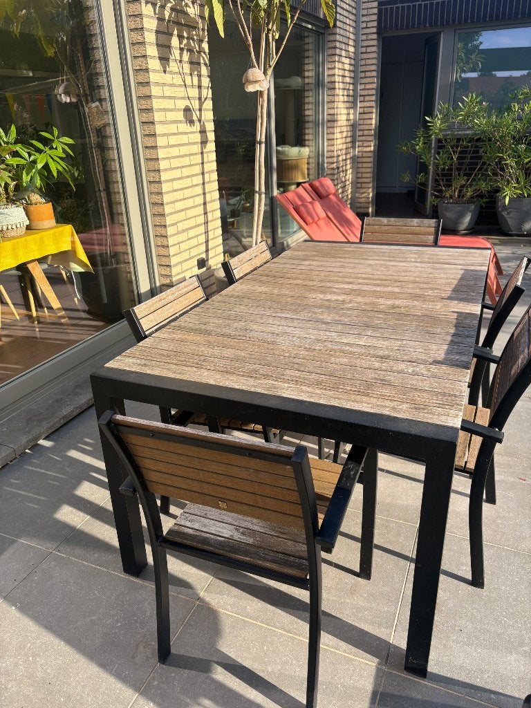 Uittrekbare tuintafel met 6 stoelen, Jardin & Terrasse, Enlèvement, Utilisé, Rectangulaire, Autres matériaux