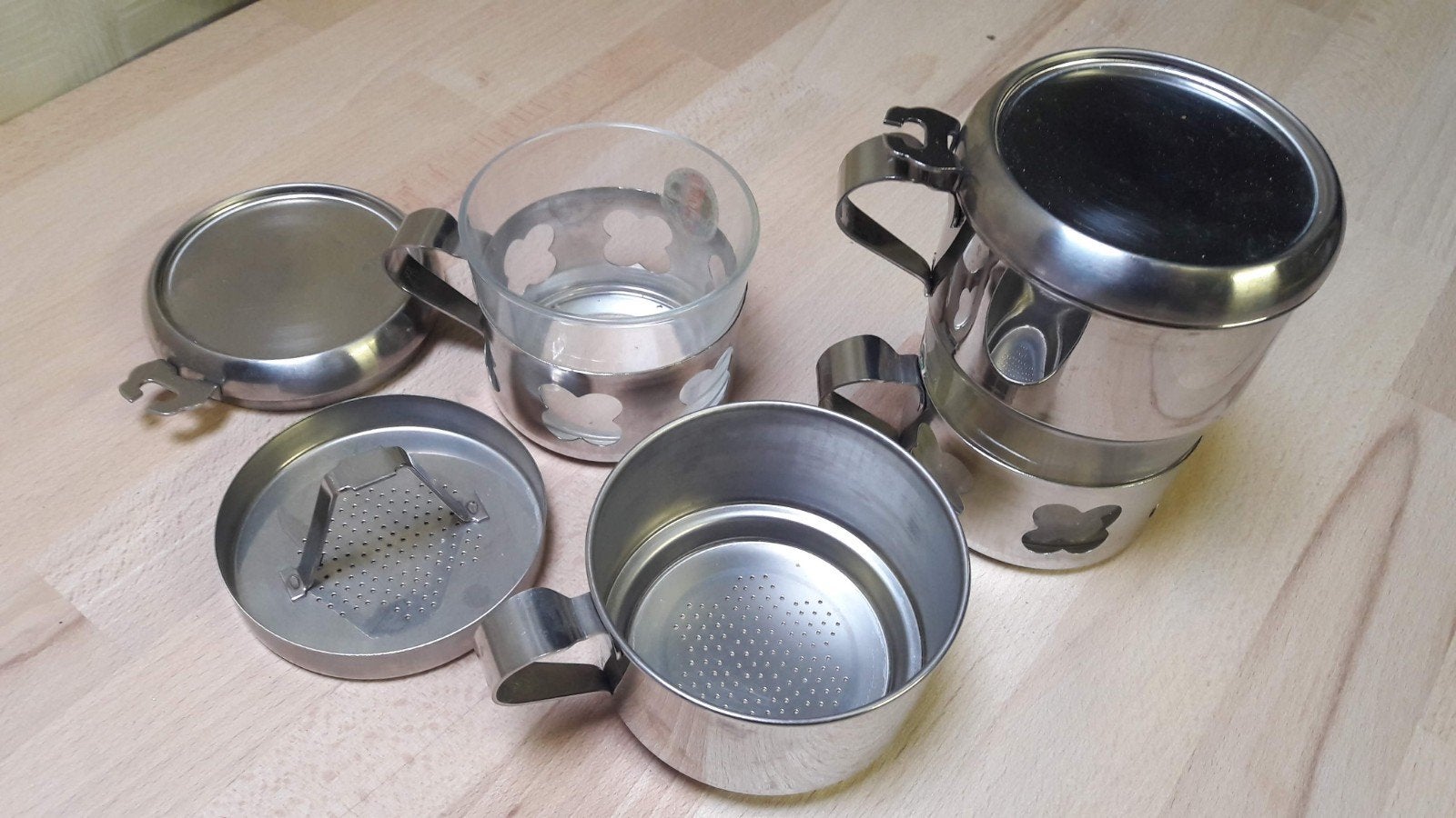 2 vintage inox filter koffiemokken, Ophalen, Vintage