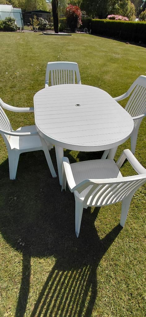 tuintafel met 4 stoelen en 2 ligstoelen, Tuin en Terras, Ophalen, Gebruikt, Ovaal, Plastic