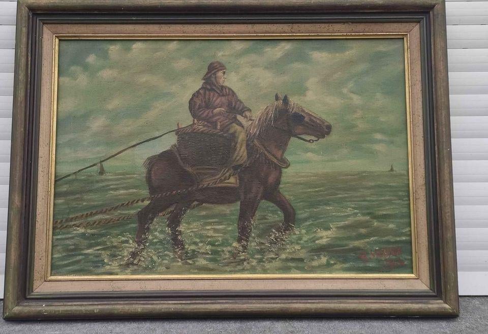 Huile sur toile pêcheur de crevettes signe sabbe, Enlèvement ou Envoi