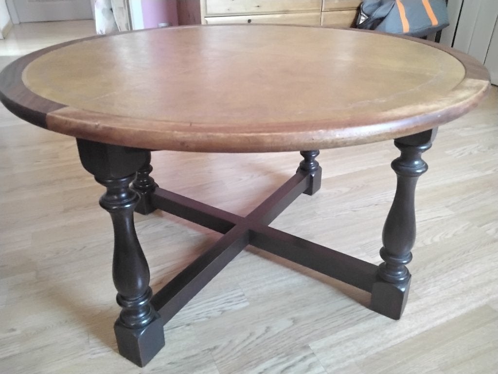 Table ronde bois massif et cuir, Antiquités & Art, Enlèvement