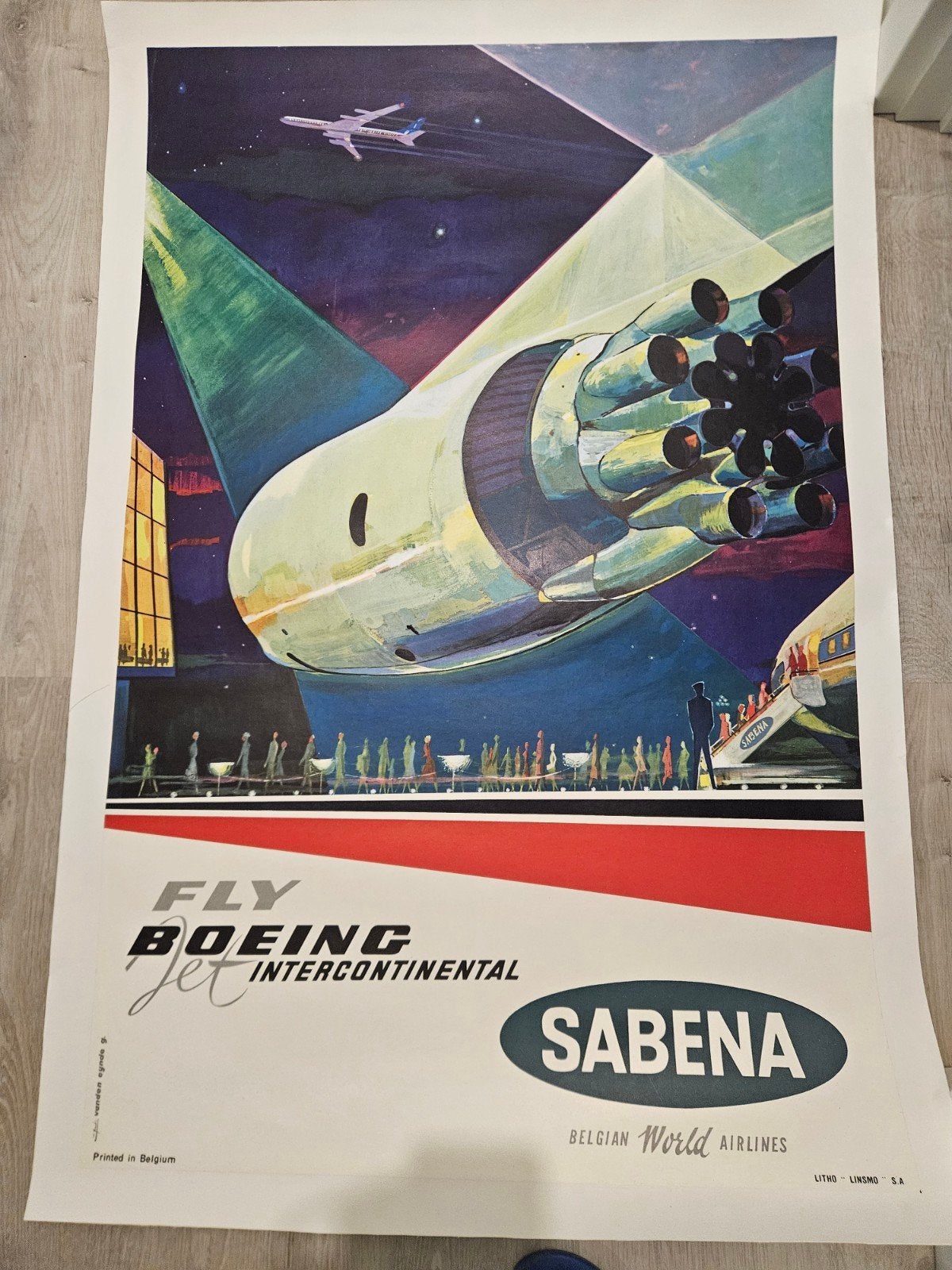 Originele affiche Sabena Boeing jet ca. 1950, Collections, Souvenirs Sabena, Enlèvement ou Envoi