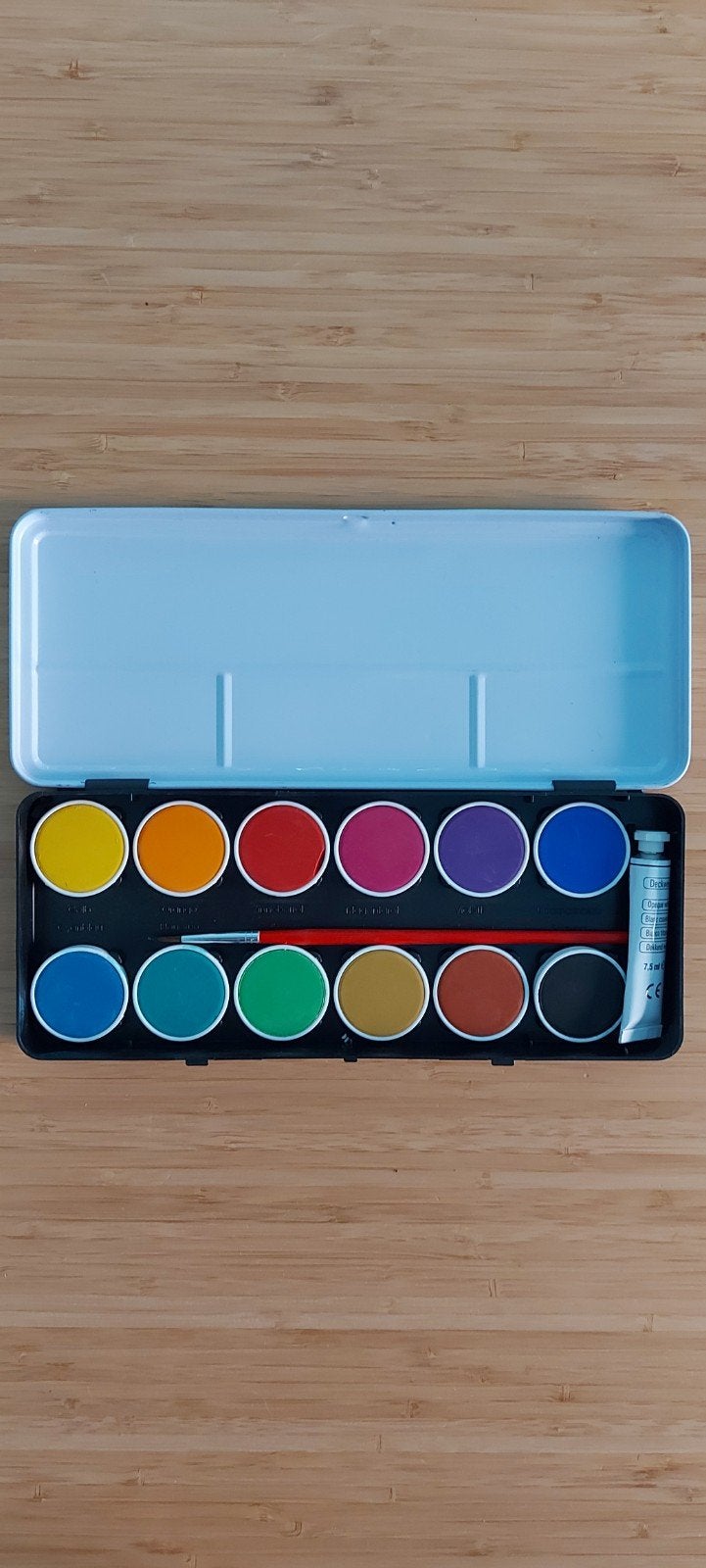 Nieuwe verfdoos 12 kleuren + tube witte verf + penseel, Ophalen of Verzenden, Nieuw