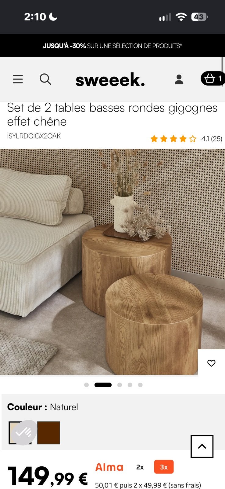 Set de 2 tables basses rondes gigognes effet chêne – Neuf, Neuf, 50 – 75, Rond, 50 à 100 cm