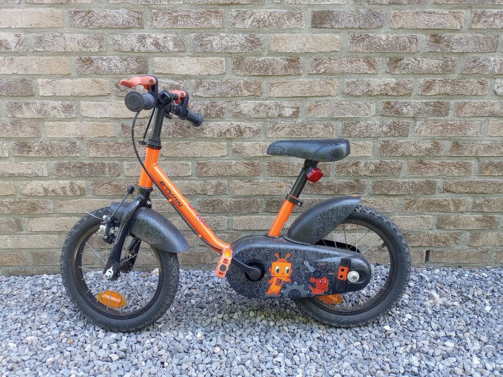 Oranje kinderfiets 14 inch, Ophalen, Zijwieltjes, Gebruikt, Minder dan 16 inch