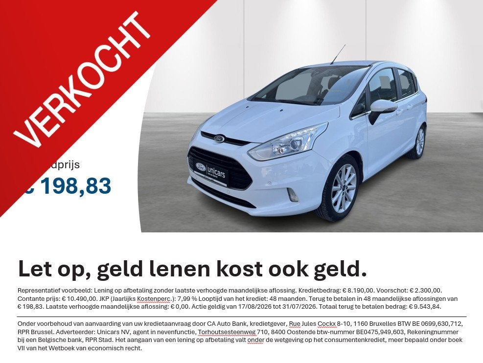 Ford B-Max 1.0i EcoBoost 74kW S/S Titanium NIEUWE DISTRIBUTI, Voorwielaandrijving, Stof, Gebruikt, Wit