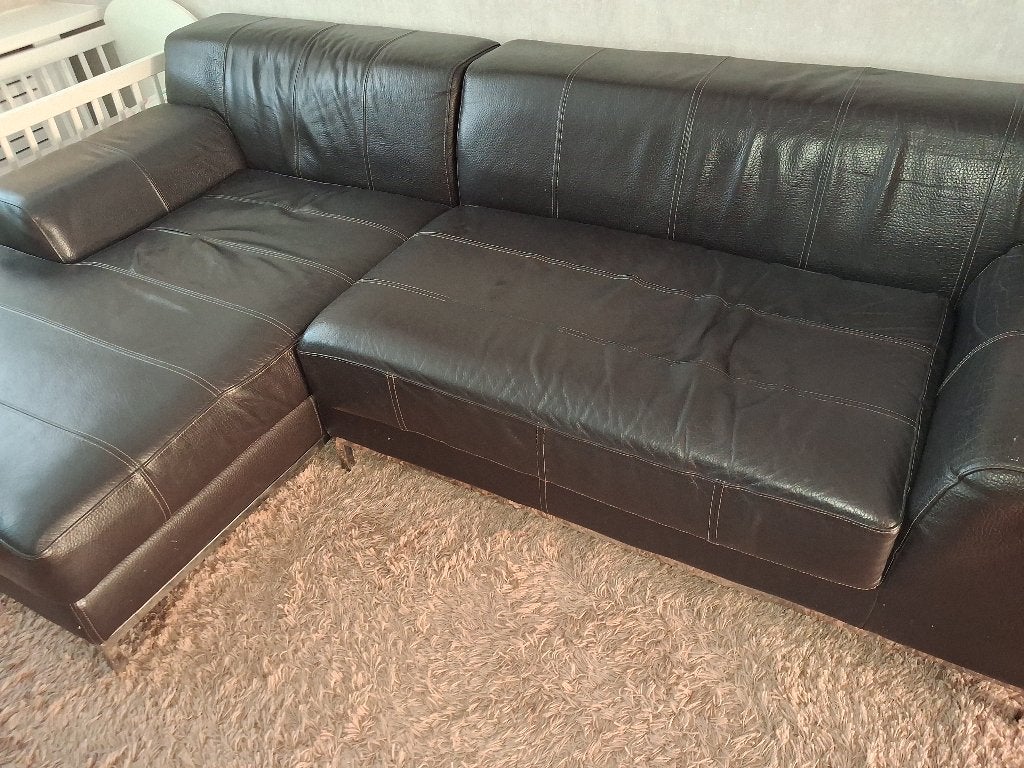 Zetel met longchair ikea donkerbruin leder, Huis en Inrichting, Ophalen, 250 tot 300 cm, Gebruikt, Leer