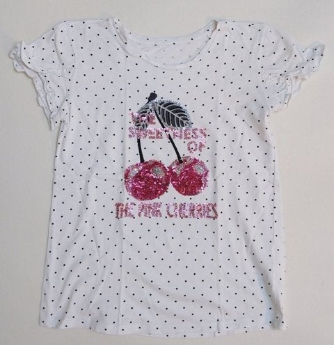 Vrolijke witte t-shirt met kersen en glitters (maat 158-164), Kinderen en Baby's, Kinderkleding | Maat 158, Meisje, Ophalen of Verzenden