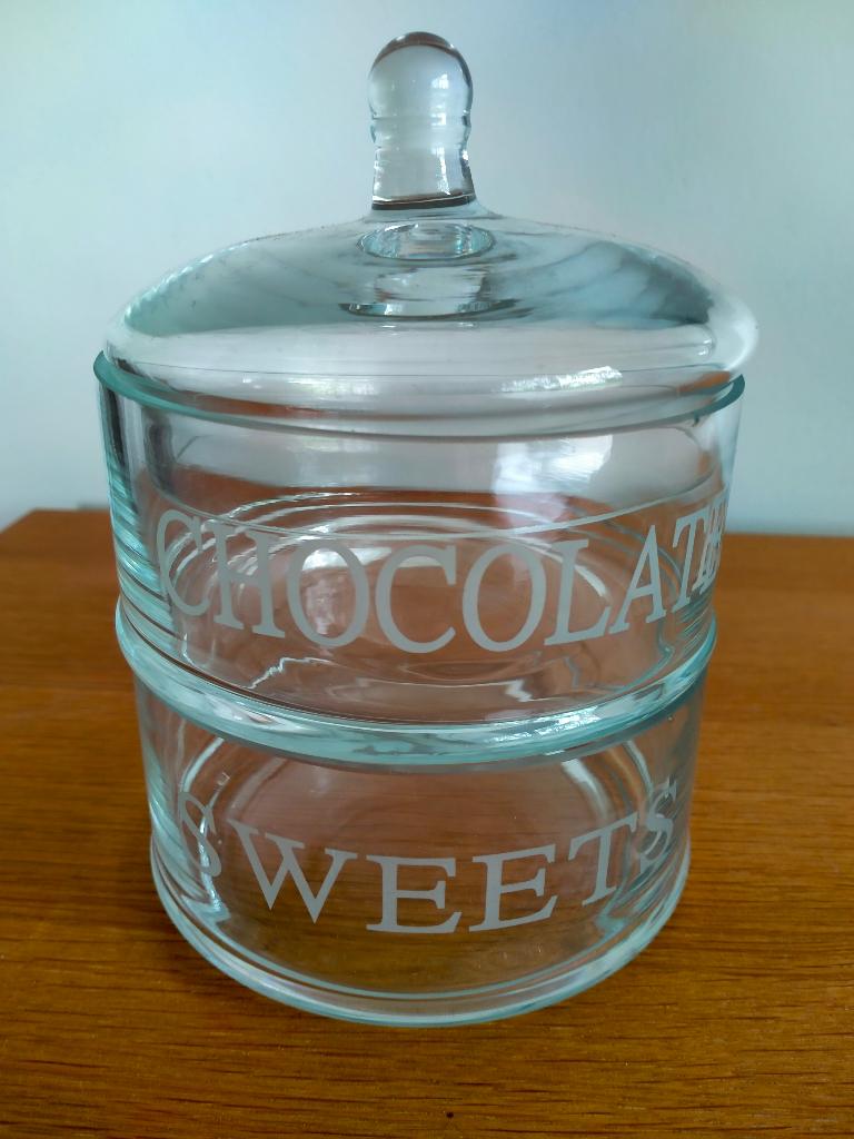 Glazen pot voor snoep en chocolaatjes, Ophalen of Verzenden, Zo goed als nieuw, Glas, Pot, Bus of Blik