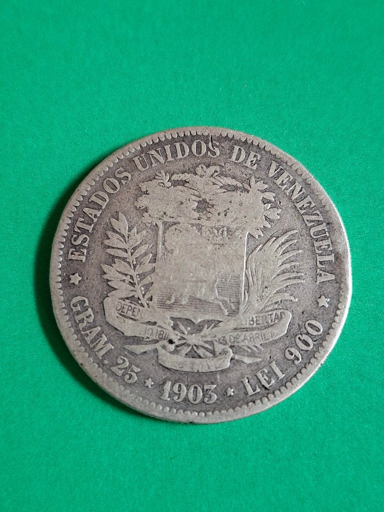 1903 Venezuela 5 bolivars en argent, rare, Timbres & Monnaies, Monnaies | Amérique, Envoi, Amérique du Sud, Monnaie en vrac, Argent