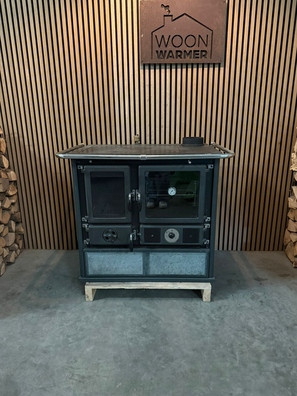 26060 Hout cv kachel met kookfunctie en speksteen, Ophalen, Gebruikt, Houtkachel, Vrijstaand