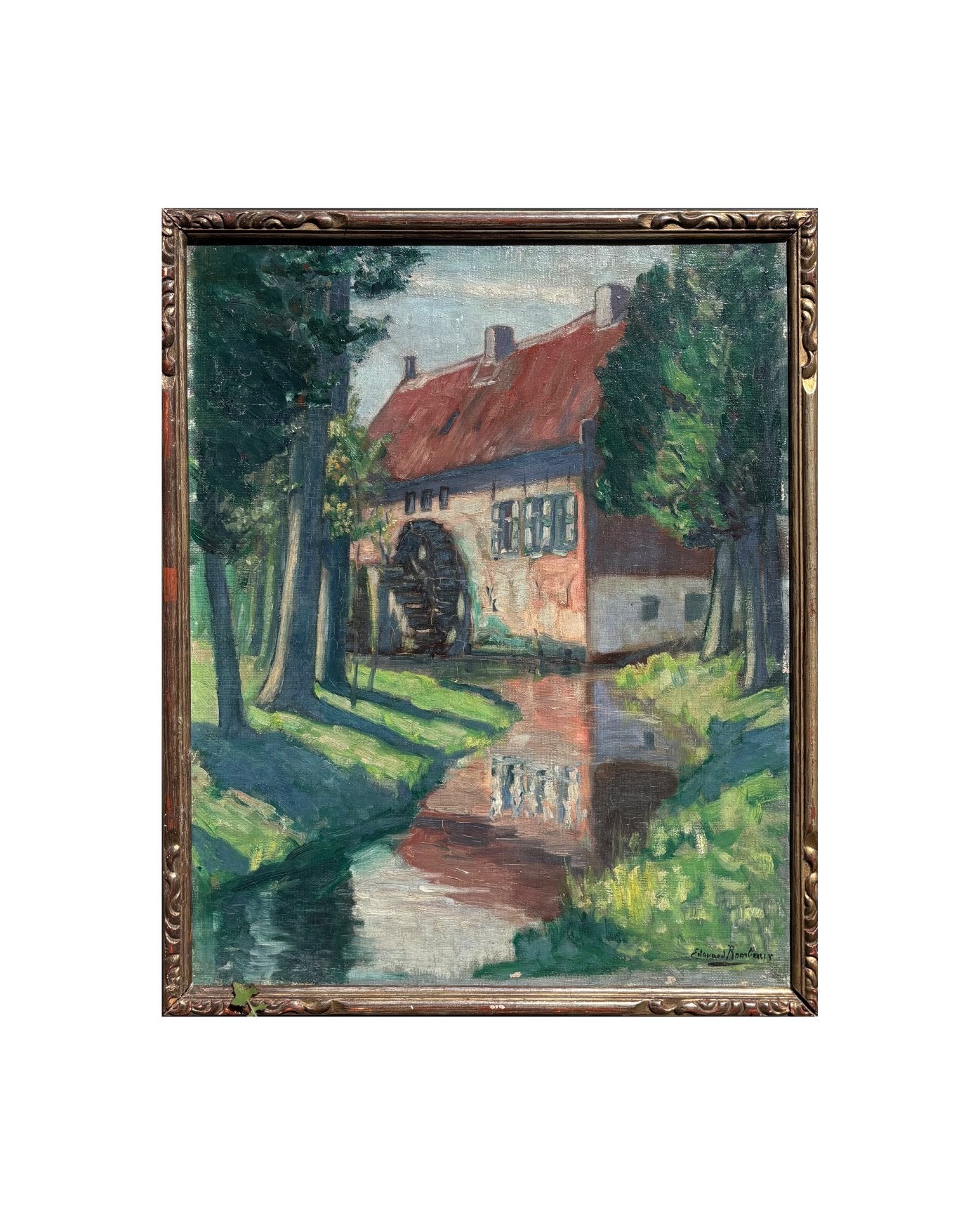 Huile sur toile d'une vue de moulin par Edouard Rombaux, Antiquités & Art, Enlèvement ou Envoi, Peinture à l'huile, Paysage, Encadré