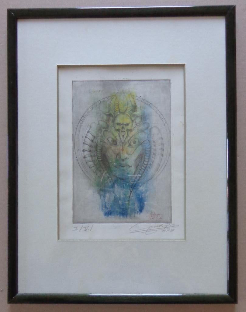 ROGER VAN BELLEGHEM / GEZICHT / ETS-AQUAREL / 41x31cm KADER, Signé, Enlèvement ou Envoi, Eau-forte