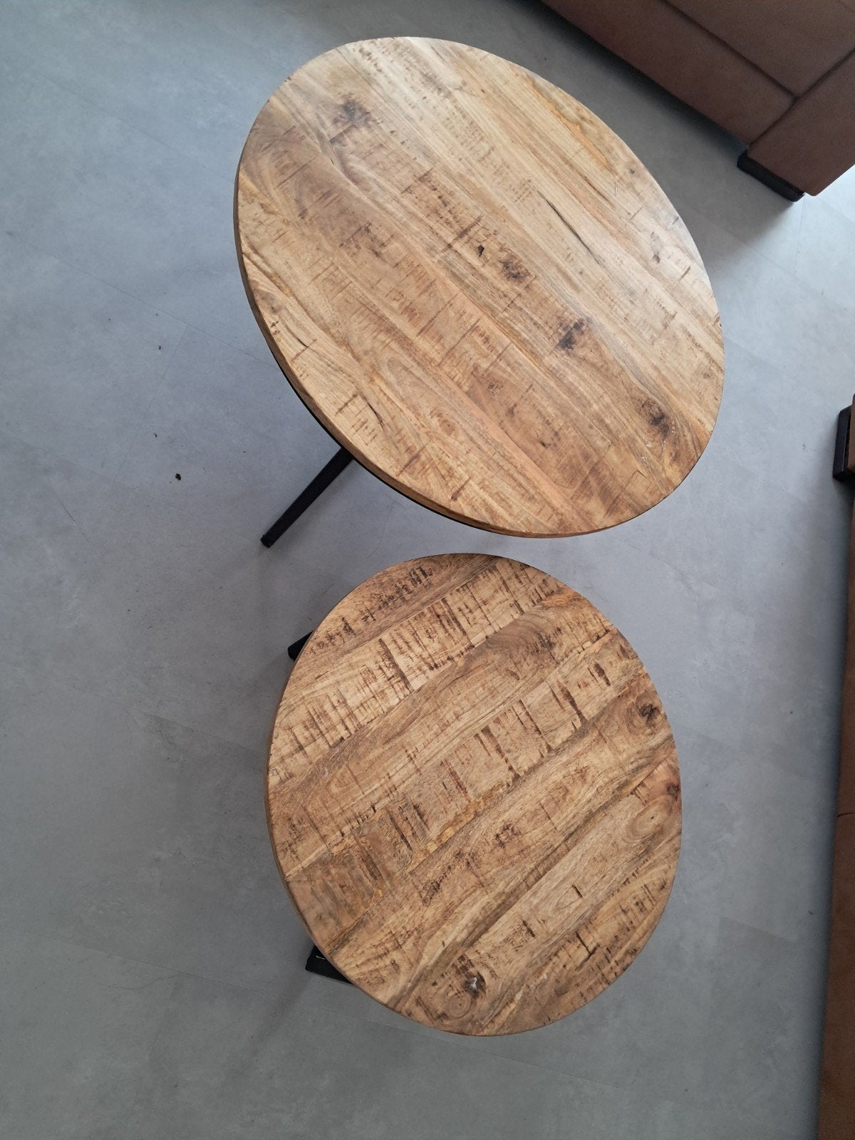 set van 2 teaken salontafels, Maison & Meubles, Tables | Tables d'appoint, Rond, Comme neuf, Enlèvement, Teak