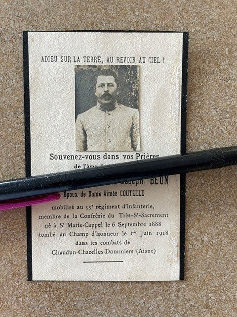 14-18Frans Soldaat 33 Inf. BEUN Gesneuveld 1/6/1918 Chaudun, Verzamelen, Ophalen of Verzenden, Bidprentje