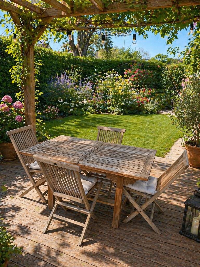 Table de jardin + 4 chaises + coussins en teak, Jardin & Terrasse, Chaises de jardin, Enlèvement, Utilisé, Bois de teck, Pliant