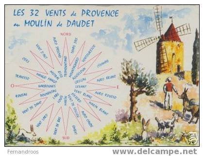 LES 32 VENTS DE PROVENCE AU MOULIN DE DAUDET CARTE POSTALE, Collections, Cartes postales | Étranger, Enlèvement ou Envoi, 1960 à 1980