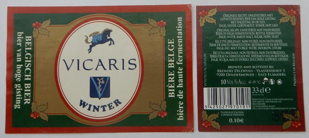 Bieretiket Vicaris winter Brouwerij Dilewyns (12j7), Verzamelen, Verzenden, Gebruikt