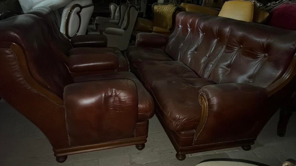 Chesterfield leder vitrage retro lederen, Huis en Inrichting, Ophalen, Gebruikt, Leer, Rechte bank