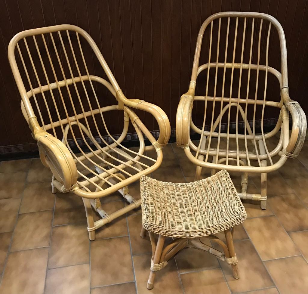 Prachtige vintage rotan set van 2 fauteuils met voetbankje, Ophalen of Verzenden, Gebruikt, Riet of Rotan