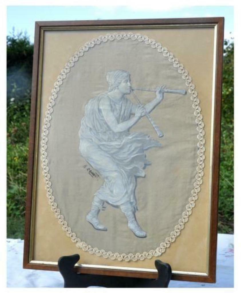 peinture signée sur tissu dans cadre vitre en bois, Enlèvement ou Envoi