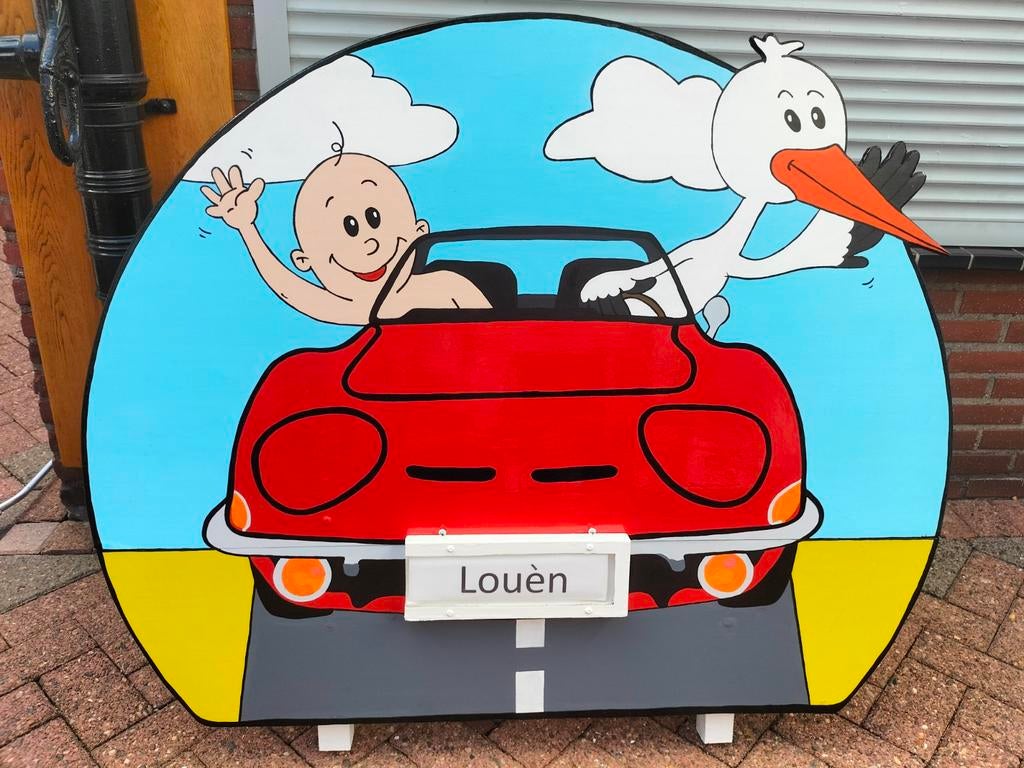 Geboortebord baby en ooievaar in auto, voor jongen of meisje, Enlèvement, Neuf, Tableau de naissance