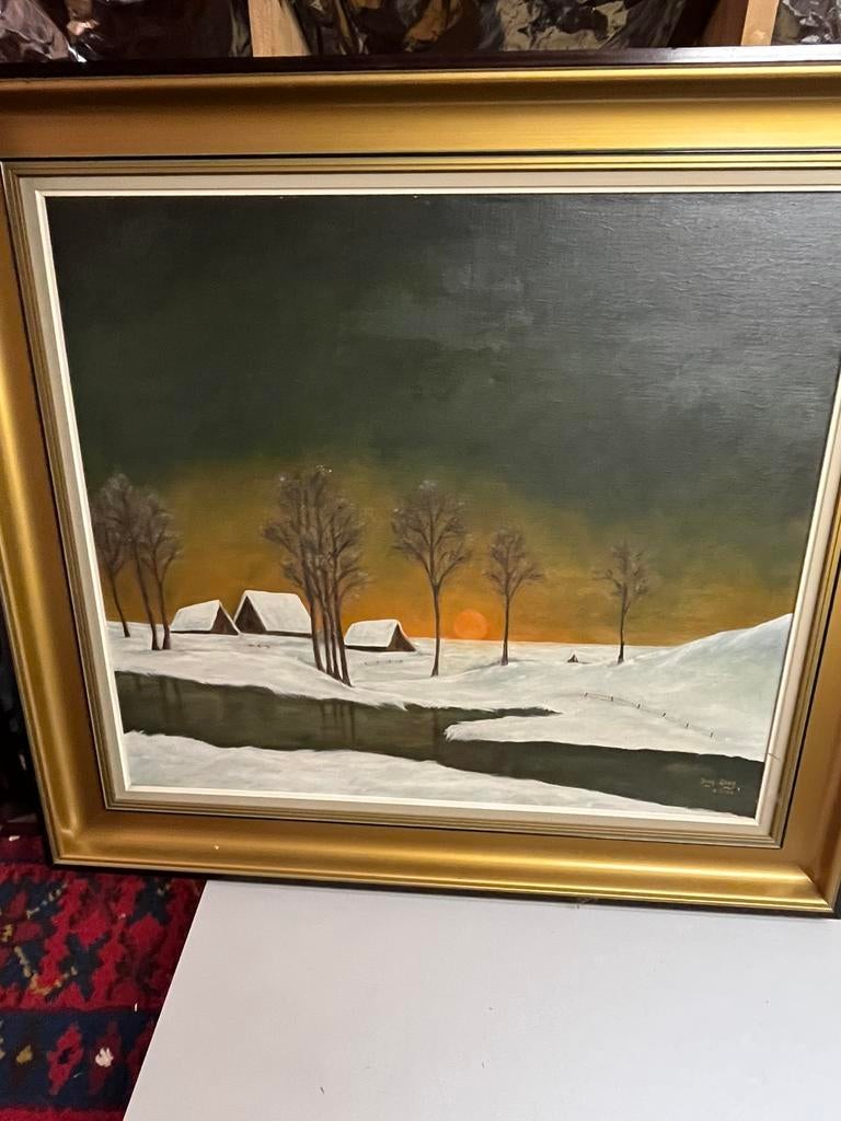Winterlandschap oranje - schilderij op doek, Ophalen