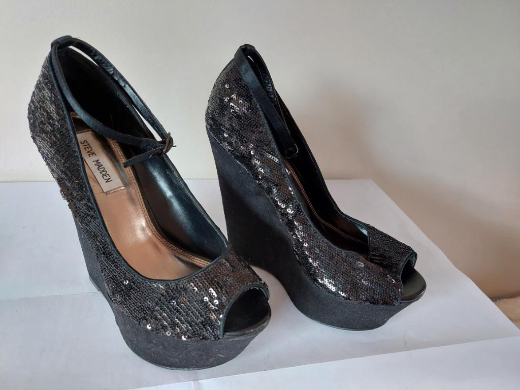844B* STEVE MADDEN-escarpins noirs sequins-paillettes (39), Porté, Noir, Envoi, Steve Madden