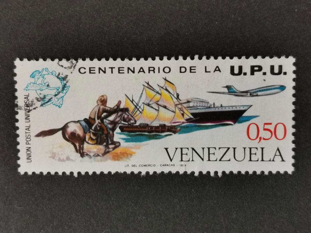 Venezuela 1974 - 100 jaar UPU - vliegtuig, schip, paard, Ophalen of Verzenden, Gestempeld, Zuid-Amerika