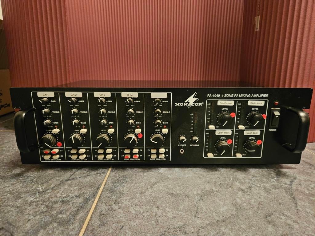 Versterker Monacor 40W 4 zones + mp3 modules, Ophalen, Gebruikt, Audio