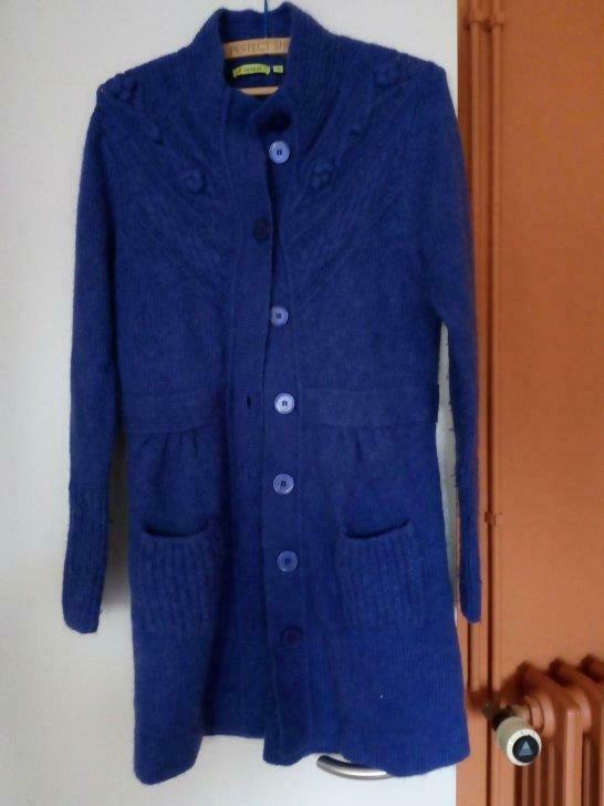 blauwe lange vest 20%mohair 30% wol, Enlèvement, Porté, Taille 42/44 (L), Bleu