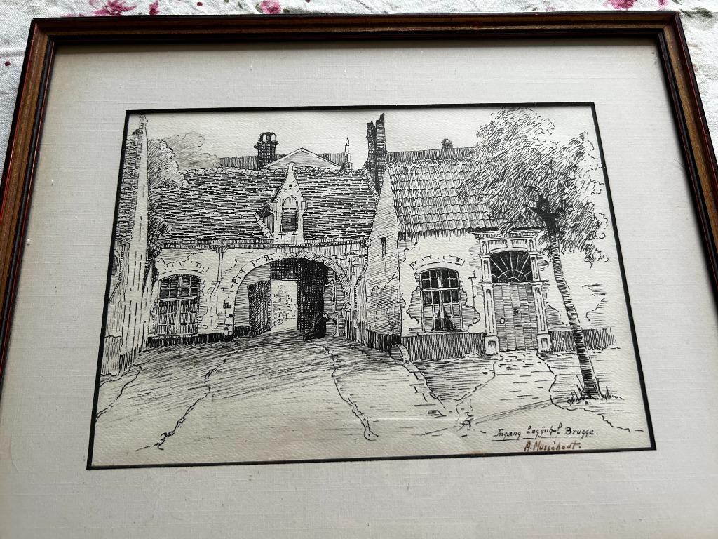 * tekening, begijnhof Brugge ,in kader met glas, Ophalen of Verzenden