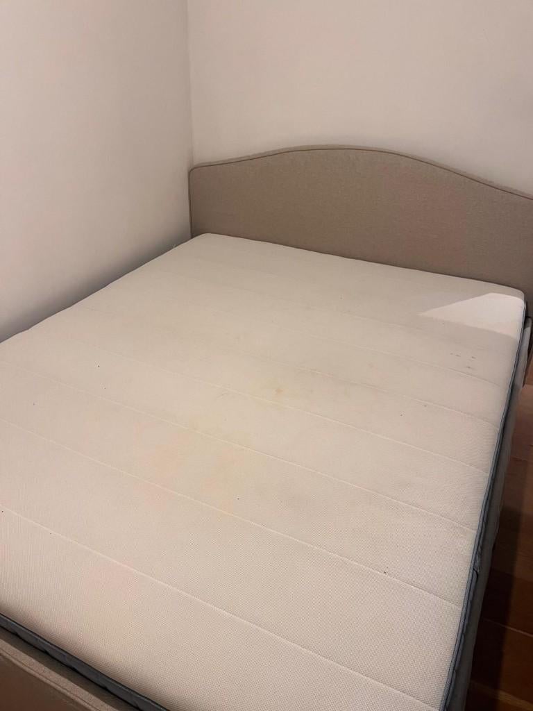 Gestoffeerd bedframe + pocketveringmatras – 160200 cm, Ophalen, Gebruikt, Beige, Tweepersoons