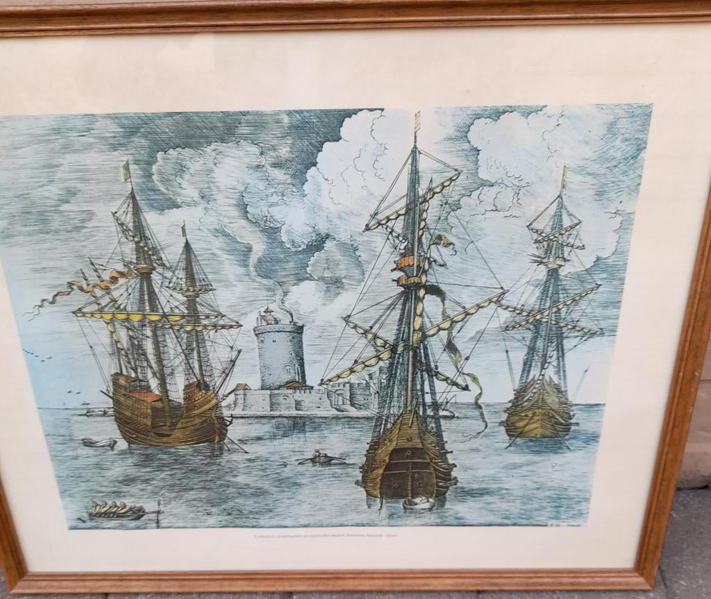 Mooie tekening (prent)  FH  Breugel. Titel : Caravels, Antiek en Kunst, Ophalen