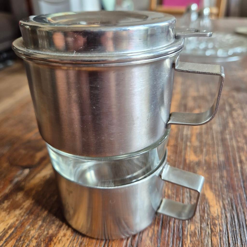 Koffiefiltertas, retro  inox en duralex glas, Antiek en Kunst, Ophalen of Verzenden