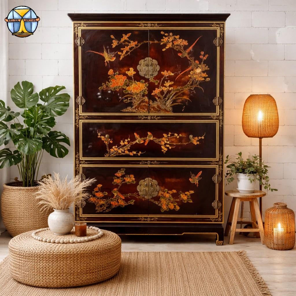 Vintage rood / gouden Chinese lak kast bloemen en vogels, Gebruikt, 100 tot 150 cm, Ophalen of Verzenden, 150 tot 200 cm