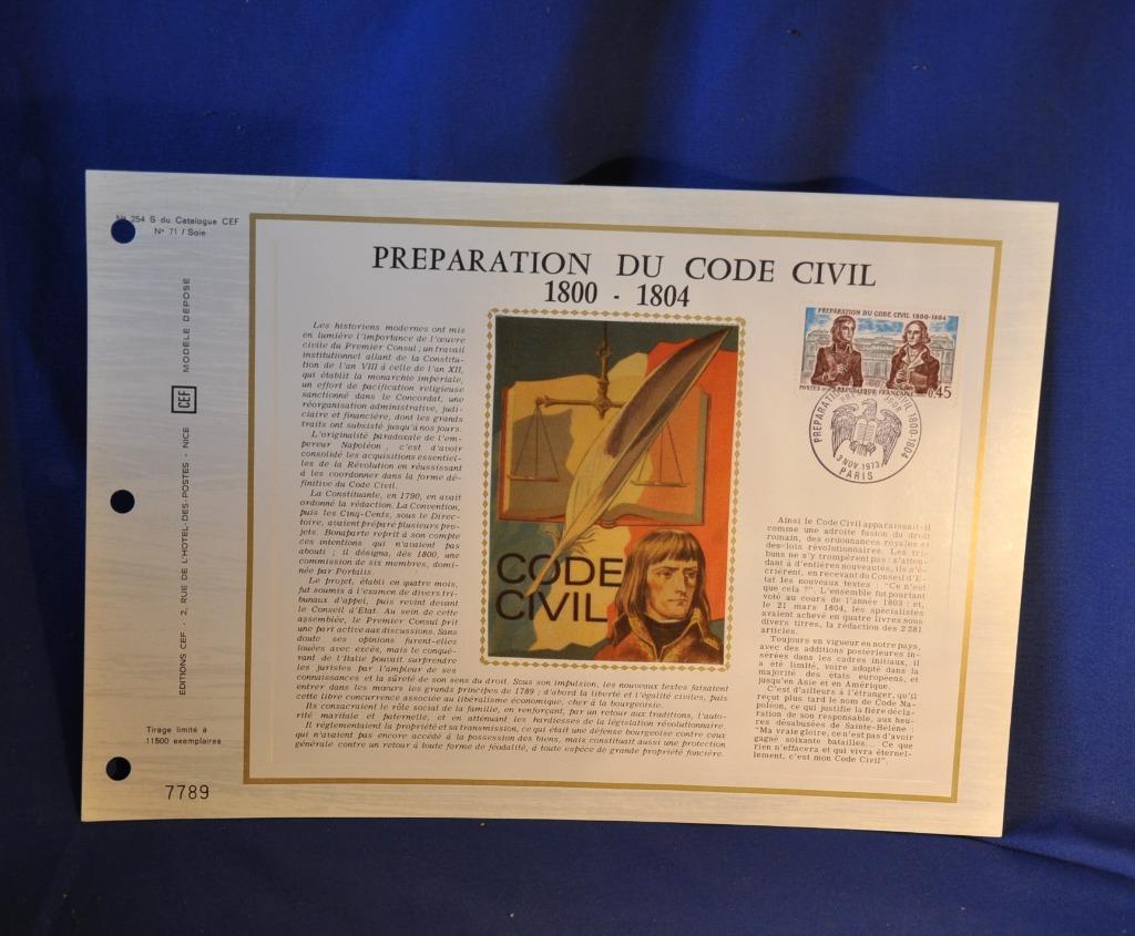feuillet timbre francais 1er jour code civil 3-11-1973 (254), Enlèvement ou Envoi, Affranchi