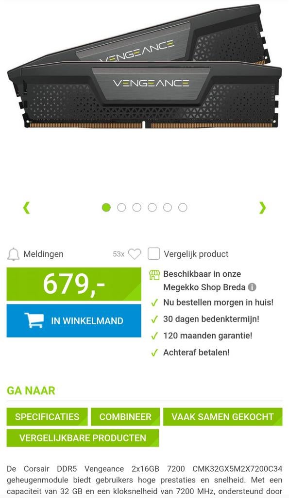 Barrette de RAM Corsair DDR5 Vengeance 2x16 Go 7200 MHz, DDR5