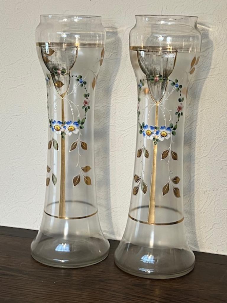 Koppel Art nouveau vazen, glas Geëmailleerde bloemen, Ophalen