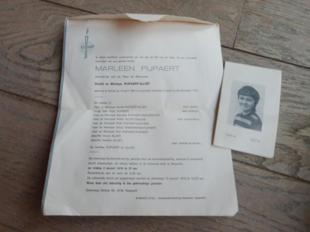 Nécrologie+BP, enfant de 10 ans, Nazareth 64-74, accident, Collections, Images pieuses & Faire-part, Enlèvement ou Envoi