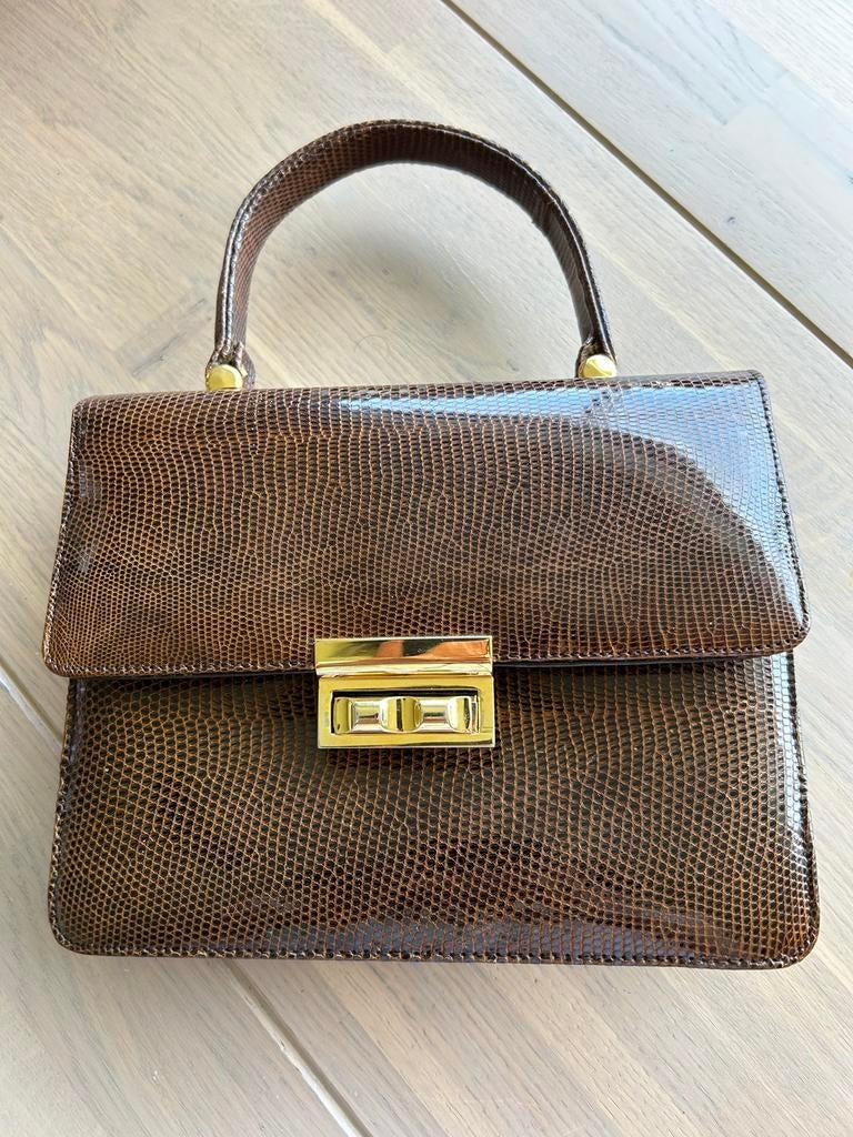 Vintage handtas in lèzard (hagedisleder), Handtassen en Accessoires, Tassen | Damestassen, Ophalen of Verzenden, Gebruikt, Bruin