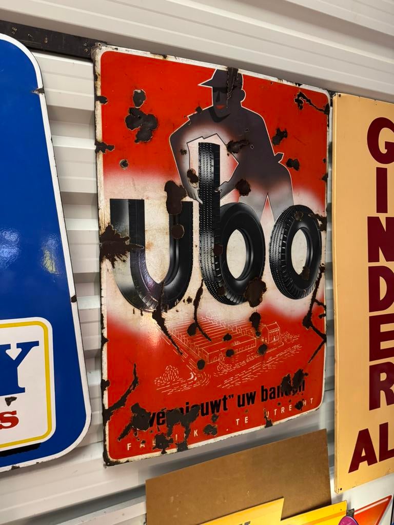 ubo banden groot oud emaille reclamebord, Verzamelen, Ophalen, Gebruikt, Reclamebord