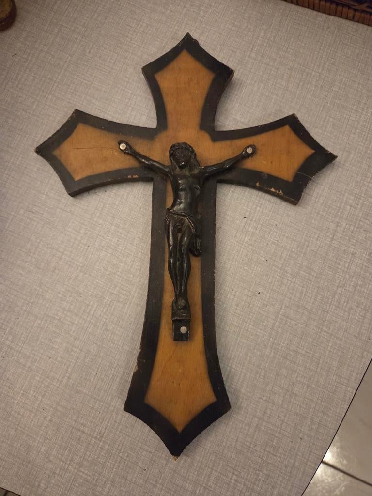Houten kruis, bronzen Christus., Antiek en Kunst, Ophalen of Verzenden