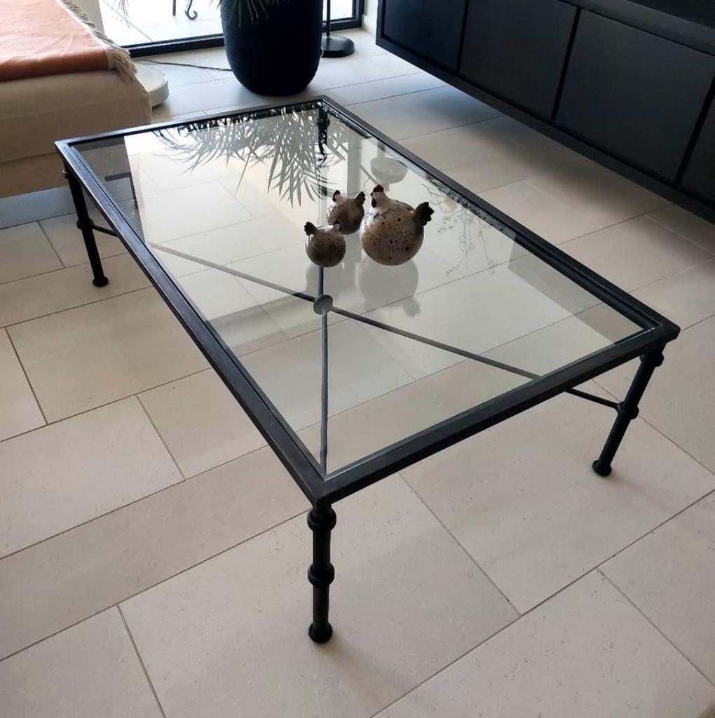 Smeedijzeren Salontafel met veiligheidsglas, Ophalen, 100 tot 150 cm, Landelijk/modern, 50 tot 100 cm