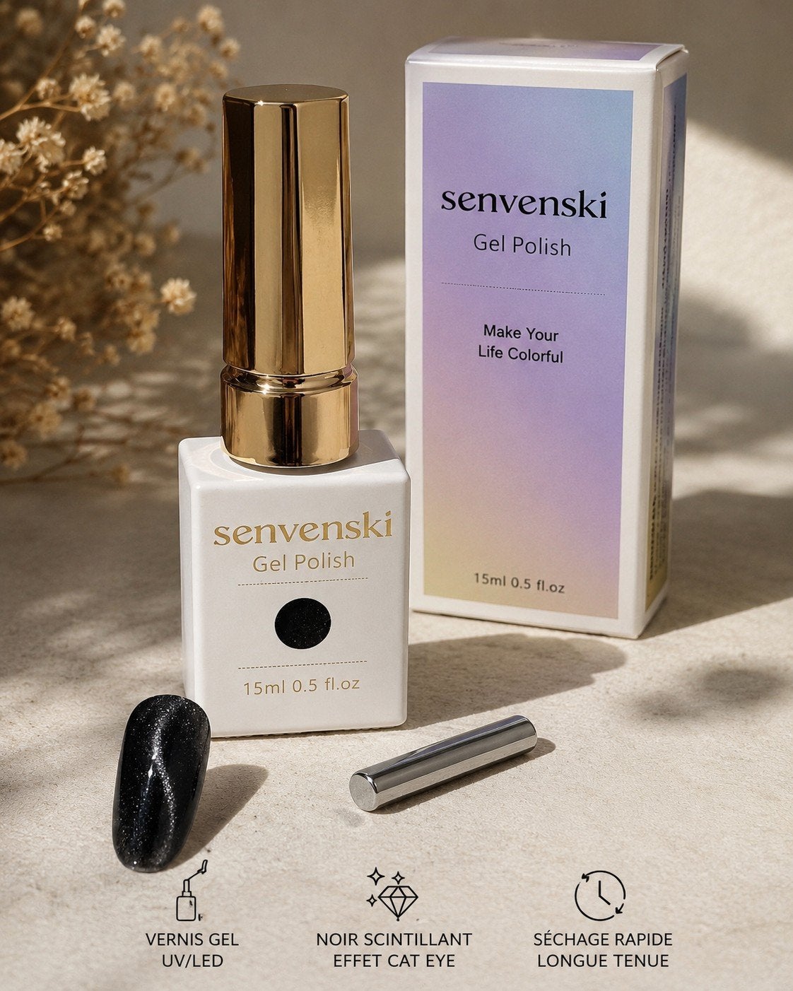 Vernis Gel UV/LED Senvenski 15 ml – Effet Cat Eye Noir Sc, Neuf