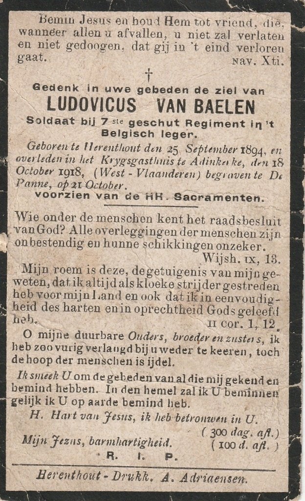 Gesneuvelde 1914-1918  Ludovicus Van Baelen Herenthout, Verzenden